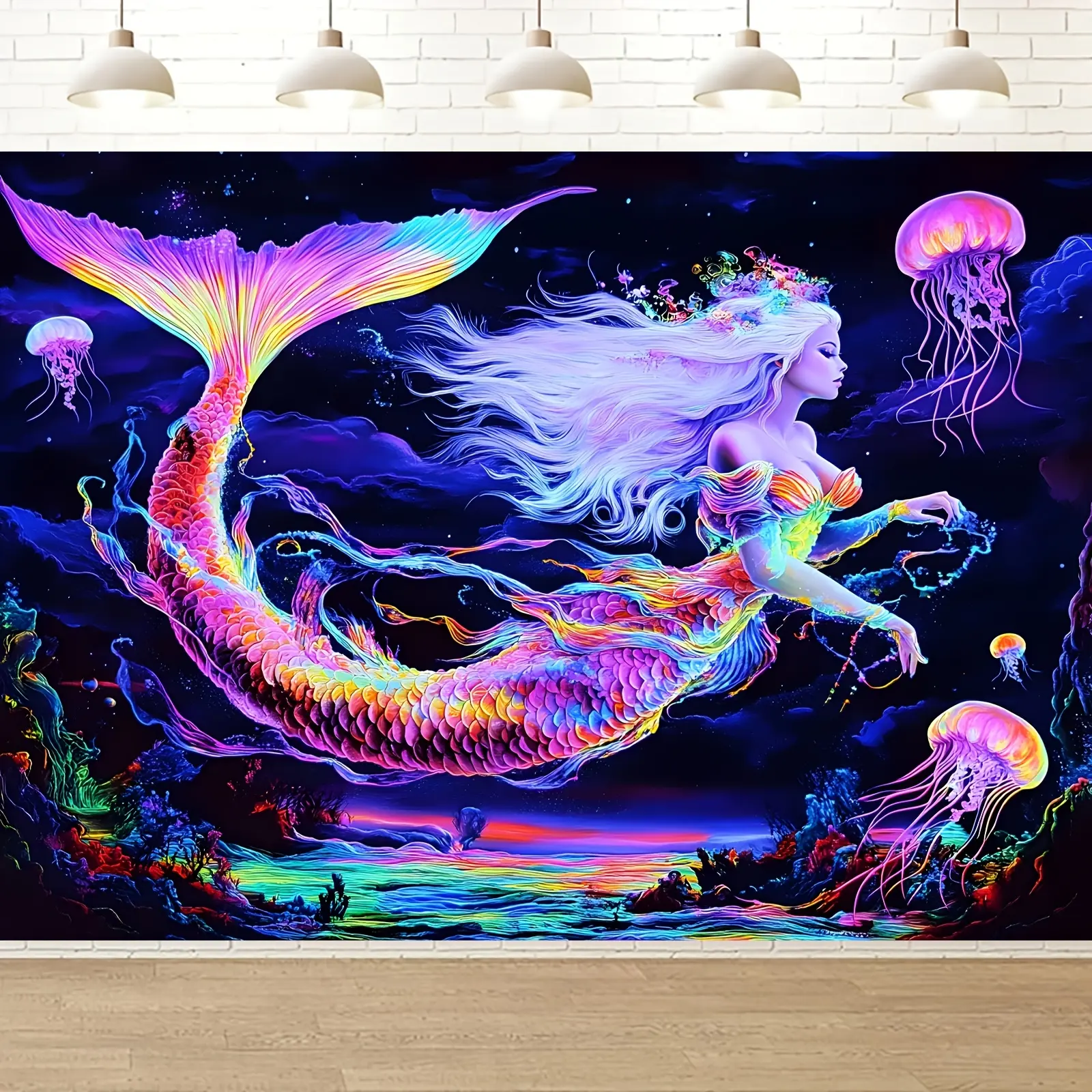 UV Reactive Glow in the Dark Mermaid Tapestry - Bright Watercolour Galaxy & Animals (Jellyfish) Wall Hanging, 60x40in Polyester Home Decor, Electricity-Free Birthday Gift, Room Art, Machine Wash