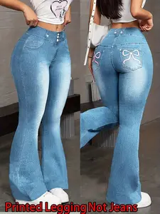 Women's Jeans-style Base Leggings Imitation Denim Wide-Leg Trousers - Butterfly Print Design, Micro-Stretch Fabric, Versatile Casual Style, Ideal for Daily Wear, Dating & Outdoor Activities, Available in S to XXXL Sizes with Tailored Waist & Hip Fit