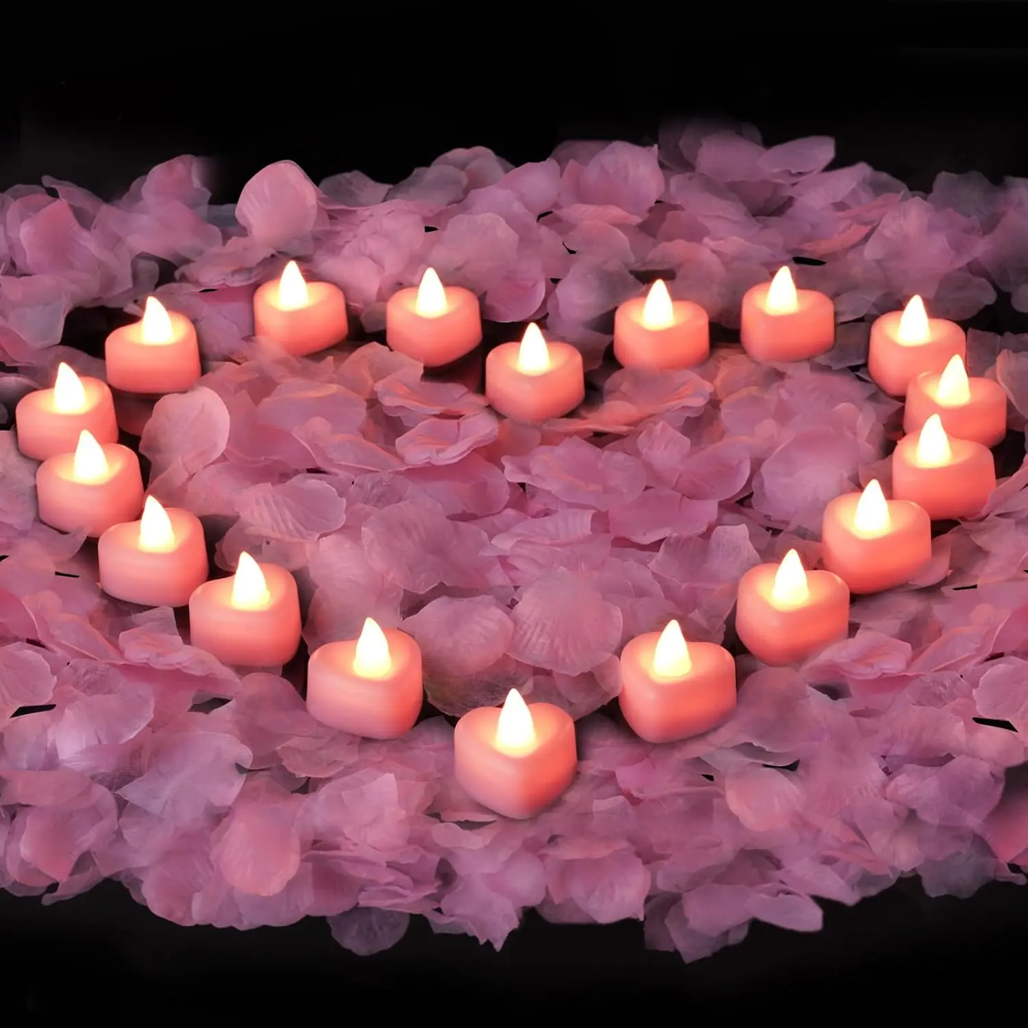 2000-Piece Red Artificial Rose Petals & 24 Battery-Operated Heart LED Tea Light Candles Set, Romantic Wedding Centerpieces & Ornaments for Valentine’s Day Decoration
