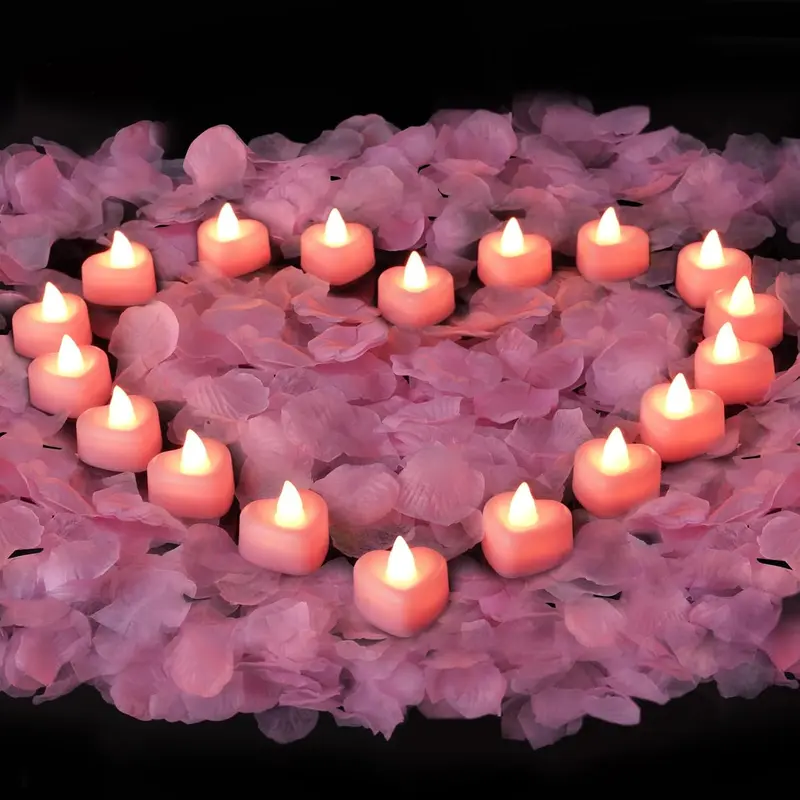 2000-Piece Polyester Red Artificial Rose Petals & 24 Battery-Operated Heart-Shape LED Tea Light Candles Set - Romantic Long-Lasting Decoration, Valentine's Day Decor, Wedding Centerpieces Gift