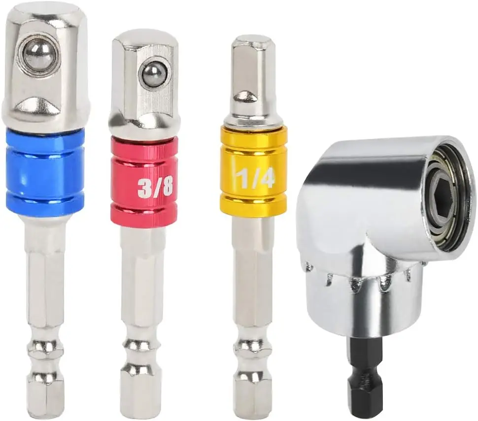 TIMESETL Chrome Vanadium Steel Socket Adapter Set - Includes 3Pcs 1/4"-3/8"-1/2" Hex Shank Impact-Grade Extensions, 105° Right Angle Drill Bit Adapter, 1/4" Drive 6mm Hex Magnetic Tip Screwdriver Holder for Impact Work