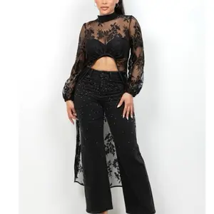 Hilary Cardigan - 95% POLYESTER / 5% SPANDEX  SHEER MESH-BURNOUT PATTERN MOCK NECK LONG BODY  BLOUSE  Sheer &amp; Mesh fabric with burnout pattern Mock neck line Long &amp; Puff sleeves Front crop