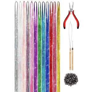 Hair Tinsel Kit (36 lnch,12 Colors),Tinsel Hair Extensions with Tools, Heat Resistant Fairy Glitter Hair Tinsel Kit for Women Girls Christmas Halloween Cosplay Party Hair Accessories