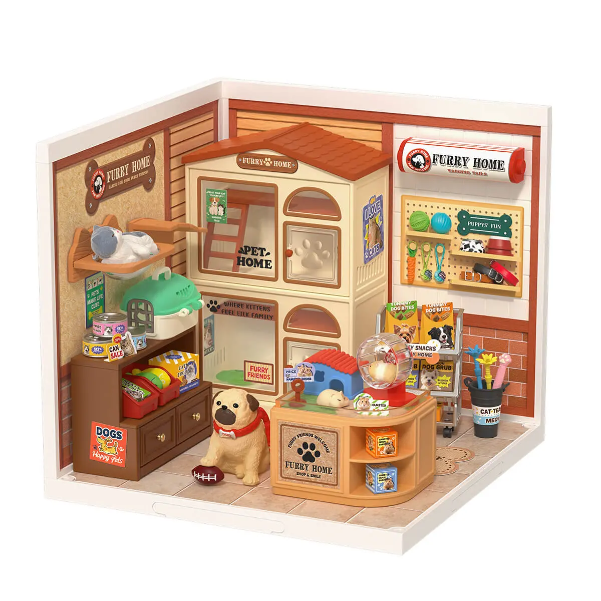 ROBOTIME DW027 3D Model Super Creator Miniature House Building Set Furry Friends' Home | 89 PCS Plastic DIY Model Kit Pet Shop Toy Dog Cat, Unique Birthday Graduation Gift for Collectors