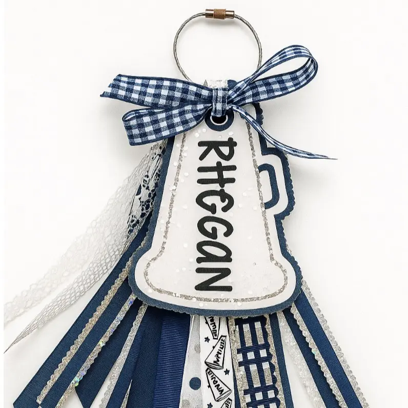 Glitter Shaker Bag Tag Cheer Megaphone Personalize with Your Name Color of Thread and Ribbons Synthetic Material Sparkly Fun Accessory for Bags