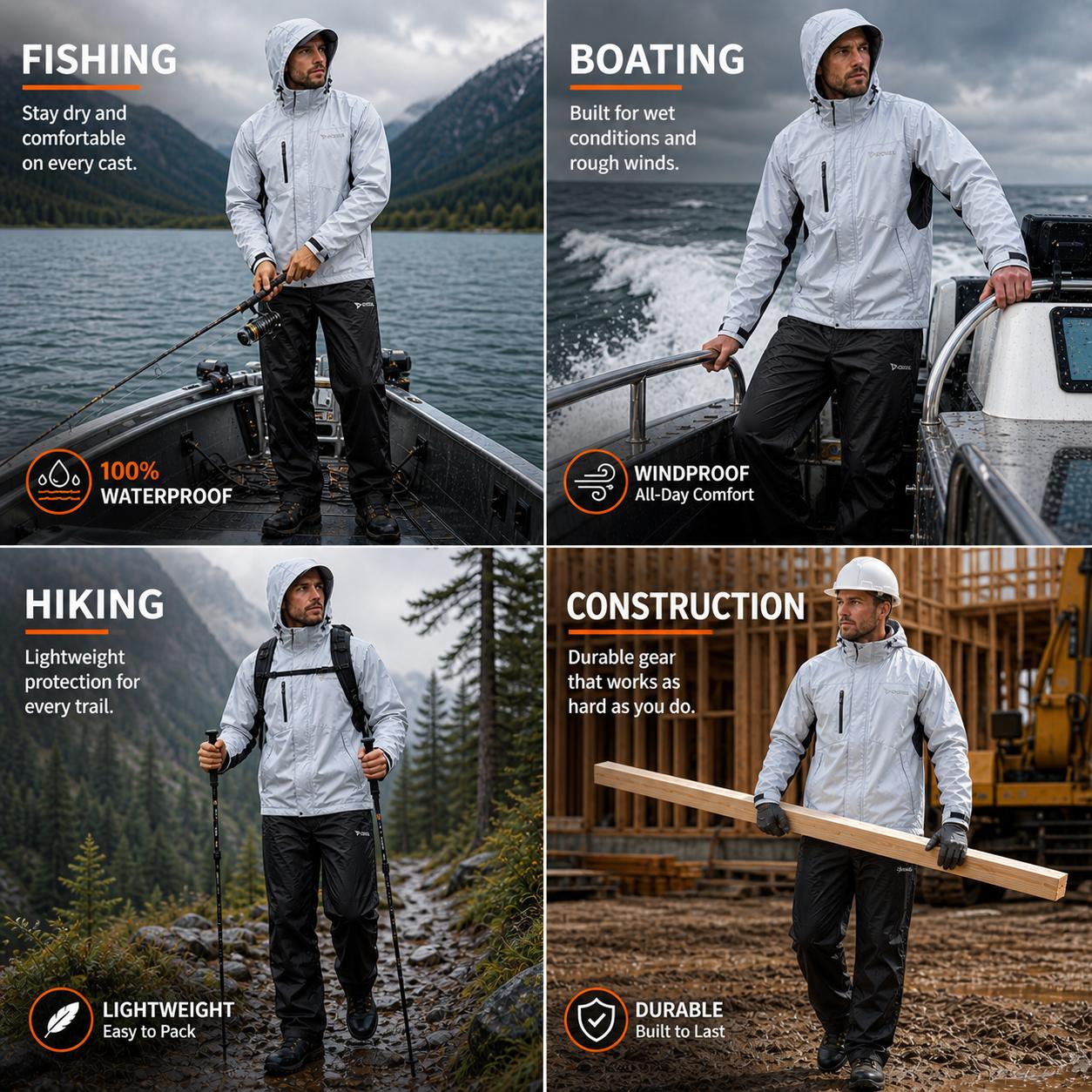 RODEEL 719 Men’s Waterproof Jacket and Pants Set Rainproof Lightweight Breathable Full Zip Hooded Rain Coat Durable Weatherproof Rain Suit Windbreaker Workwear for Walking Hiking Camping Fishing Boating Construction Roofing Landscaping