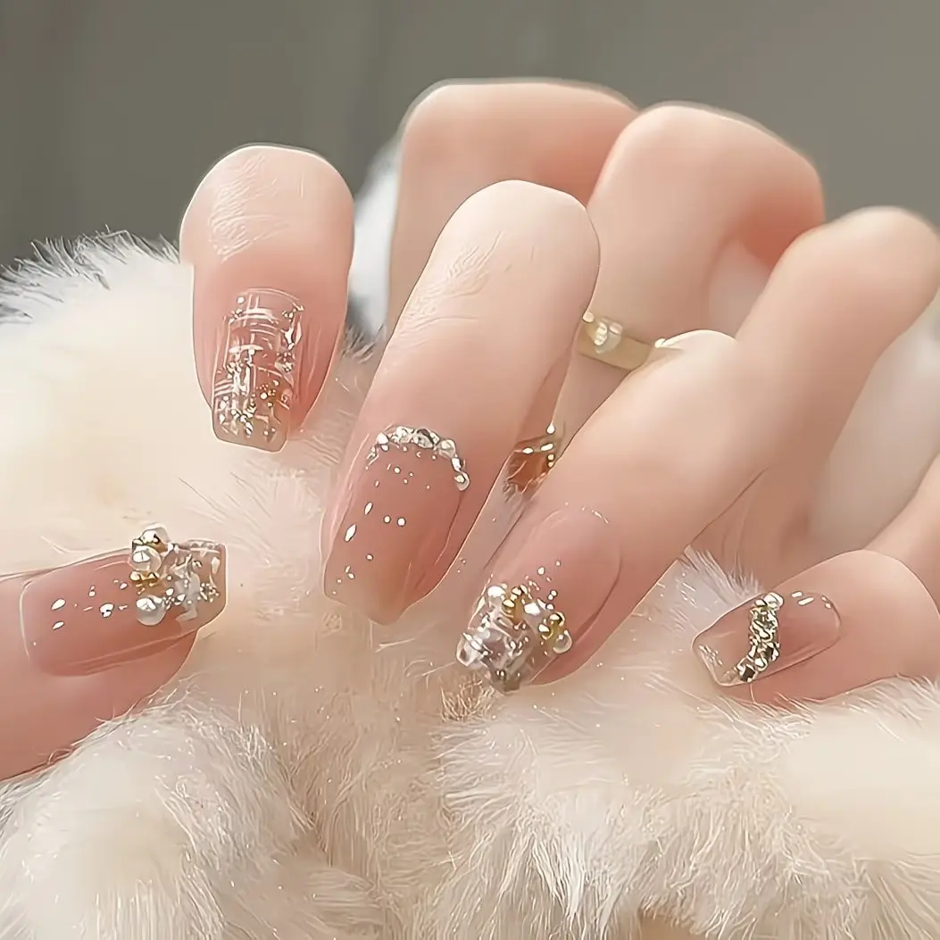 24pcs Medium-Length Rhinestone False Nails, Elegant Small Charming Style, Full Coverage Acrylic Nails, Jelly Glue, Suitable for Women and Girls