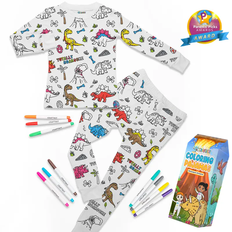 Craftikit Kids 2-Piece Bamboo Viscose Pajama Set - Snug Long Sleeve Sleepwear, All Seasons Toddler/Child PJs (3T-10Y), 10 Markers, Graphic Print Easter Birthday Gift