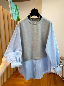 Women's Round Neck Long Sleeve Loose Striped Patchwork Sweatshirt Womenswear, Blue Stripe Fall Fashion, Casual Style Autumn Ladies Pullover Piece