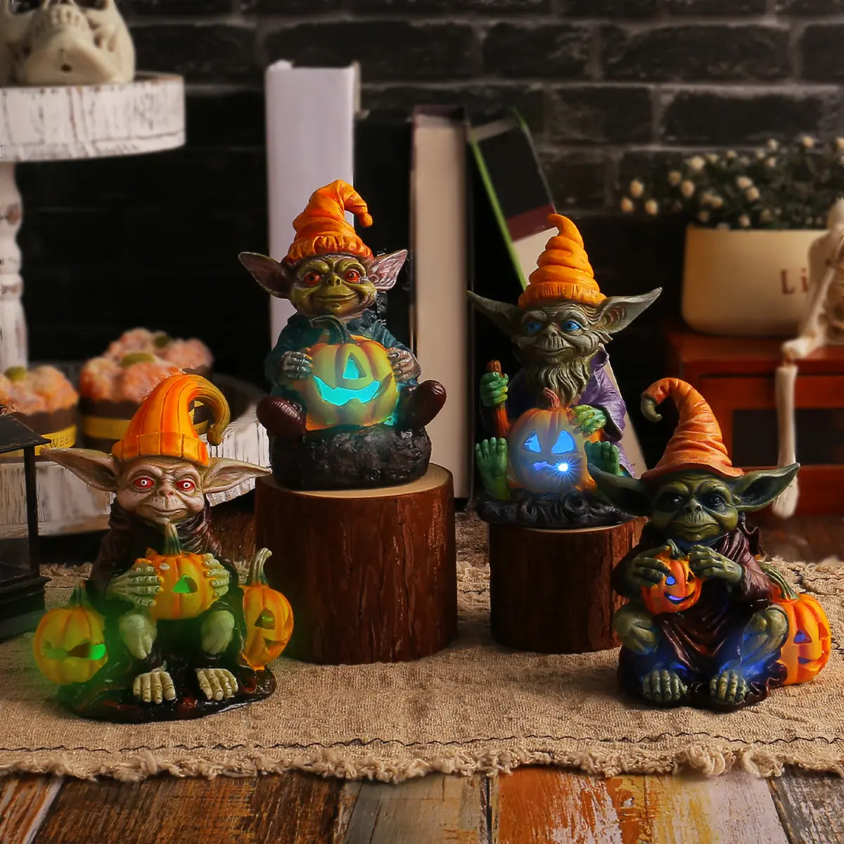 FuRise Halloween Pumpkin Elf Resin Figurine – Light-Up Desktop Gnome with Replaceable Button Battery for Spooky Home & Party Decor, halloween gnome figurine, pumpkin elf light decor, resin halloween decoration, spooky gnome with light