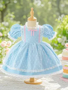 Toddler Girl's Ditsy Polka Dot Print Lace Trim Sweater Dress, Cute Cap Sleeve Round Neck Knit Dress for Birthday Photography, Kids Clothes for Party, Baby Clothing