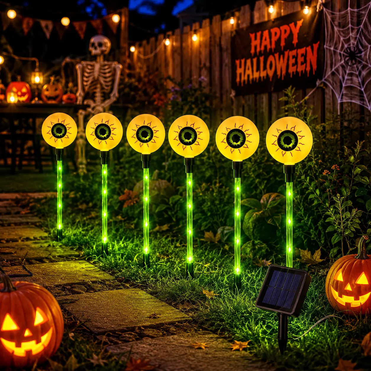 6-Pack Solar Halloween Eyeball Stake Lights, Green LED Outdoor Yard Decorations with 8 Lighting Modes, IPX4 Water-Resistant Garden Lights for Lawn, Pathway, Front Yard and Halloween Party