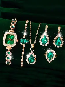Women's Elegant Watch & Jewelry Set, Including Watch & Bracelet & Pendant Necklace & Ring & Earrings, Fashion Watch Set for Women As Gift, Teardrop Jewelry Set, Matching Jewelry Set, Jewellery Gift Set