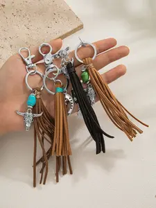 Western Cowboy Metal Cow Head Horse Hoof Pendant Keychain, Fashionable Alloy Keychain, Faux Fur Tassel Bag Chain Car Key Ring, Keychain Attachment, Versatile Daily Use Accessories