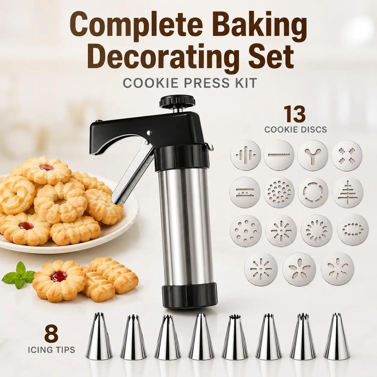 ONESHOW HOME Cookie Press Gun Kit Stainless Steel Spritz Cookies Press Set with 13 Discs & 8 Piping Tips for Baking Desserts & Cake Icing Reusable Bakeware Utensils Kitchen