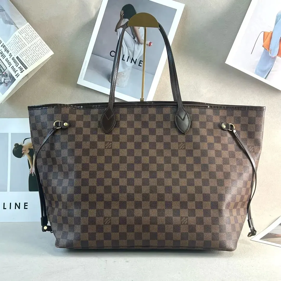 Pre-owned Louis Vuitton LV Neverfull Brown Checkered Coated Canvas with Cowhide Large Size 0715 dina/C8357863146