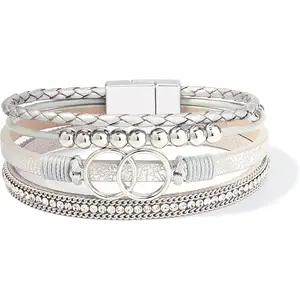 Boho Wrap Bracelets Leather Cuff Bangle Gold Beaded Bracelets for Women Stackable Infinity Bracelets Jewelry Gift Mom with Magnetic Clasp