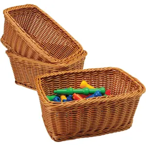 Set of 3 Rectangular Plastic Woven Storage Baskets, Organization Bins for Classroom, Home Decor, or Office Use, 11" x 7" x 5"