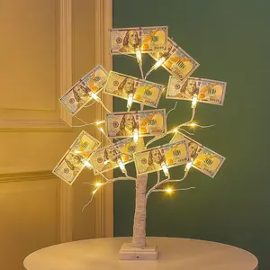 2FT Money Tree with Holder,24LED Lighted Birch Tree Table Centerpiece,Gift Card Battery/USB Powered with 6 Clips and 6 Greeting Cards for Home,Party,Christmas,Wedding,Birthday,Graduation