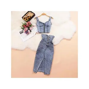 High Quality New Summer Women Jeans Vest+Skirts Sets Straps Tops Buttons Denim Skirt Suits for Woman