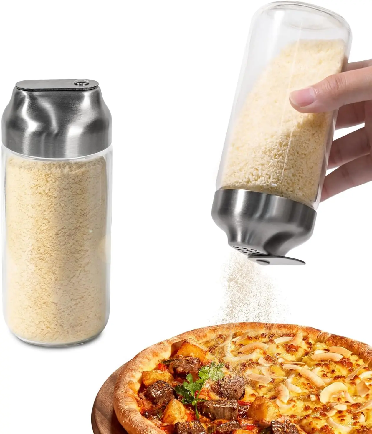Aelga Glass Spice Dispenser - 12 oz Kitchen Utensils, Plastic-Free Design with Adjustable Large Holes, Stainless Steel Metal Lid for Sugar, Salt, Pepper Flakes, Airtight