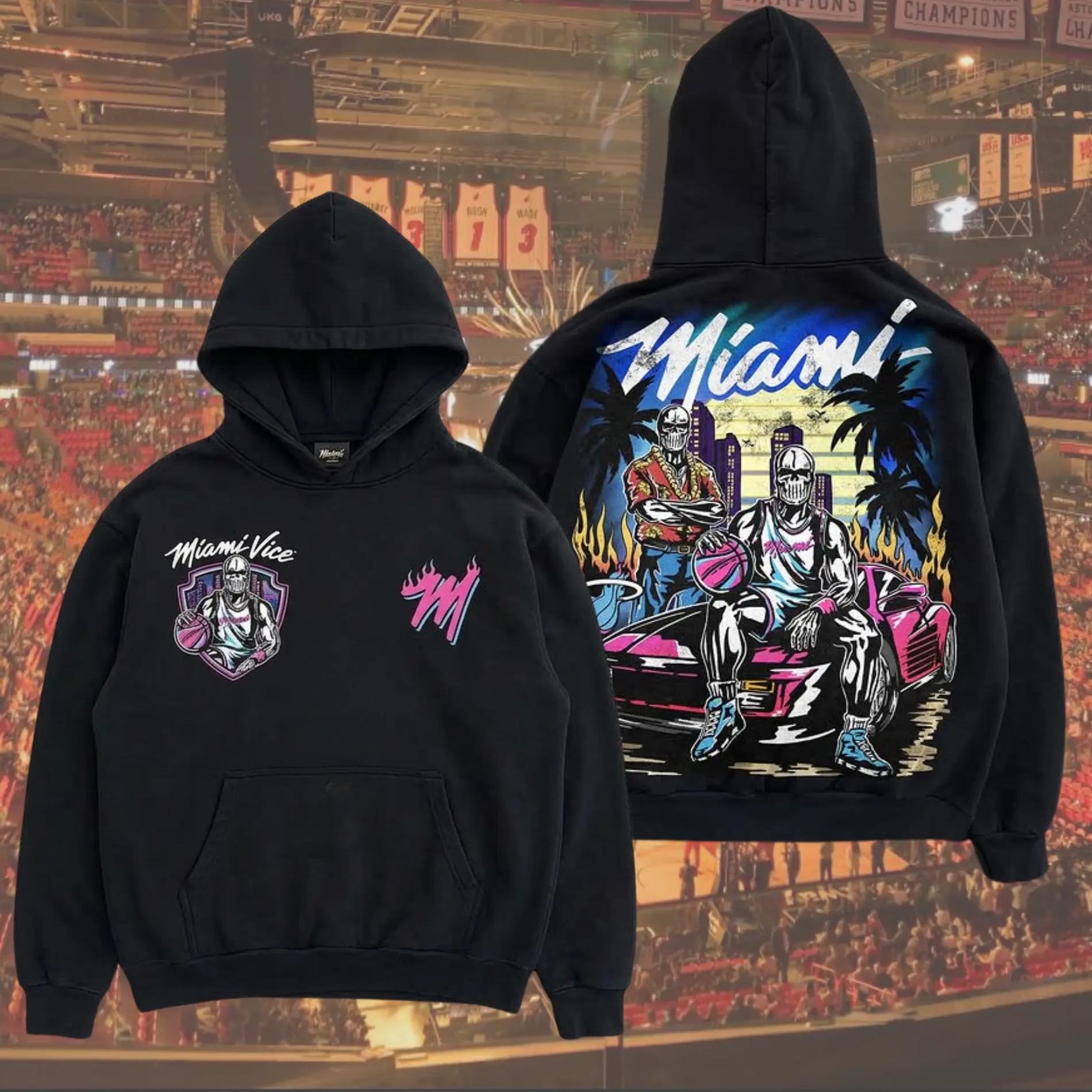 Vintage Miami Vice Graphic Hoodie - Vintage Oversized Basketball Pullover - Retro 80s Neon Aesthetic, Shirt for Basketball Fans, Trending Us Streetwear, Viral on Tiktok, Y2k Style Menswear Long Sleeve Pullover