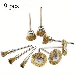 9pcs Steel Wire Brass Brush Brushes Rotary Tool Electric For Drill Polishing Grinding Wheel T-shaped Brush Accessories