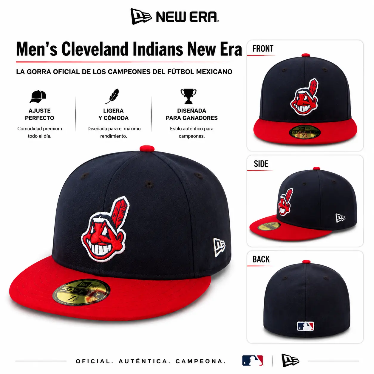 New Era Cleveland Indians 59FIFTY Fitted Hat – Navy/Red Low Profile MLB On-Field Baseball Cap