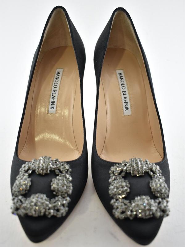 Manolo Blahnik Hangisi 105 Black Satin Crystal Jewel Buckle Classic Heel Pump