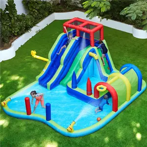 Yaheetech 10-IN-1 Inflatable Water Slide, Double Lane Giant Water Slide Combo w/Long Tunnel & Climbing Wall & Punching Bags & Ring Toss Game, Water Slide Combo W/ Storage Bag & 650W Blower, for Kids Aged 3 To 10
