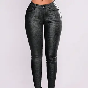 Rave Punk High-Waist PU Leather Ankle Pants for Women - Crocodile Embossed Texture, Slant Pockets, Tapered Skinny, Sexy Trousers for Party & Music Festival Womenswear Bottom