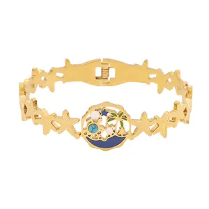OIDEA Starfish Shell Sea Turtle Cuff Bangle for Women, Stainless Steel Ocean Beach Bracelet Summer Jewelry