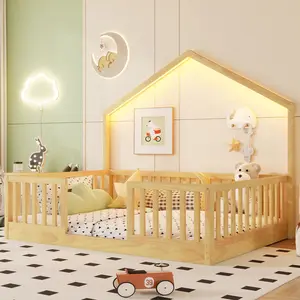 Full Floor Bed with High Rails, Wooden Montessori Bed with Light, Boys and Girls,Natural