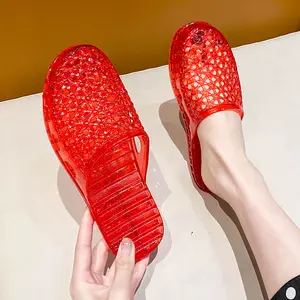 Plastic slippers women's thick bottom Internet celebrity summer new versatile non-slip one pedal crystal half bag head cool slippers soft