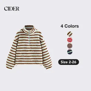 Cider Fleece Stripe Stand Collar Drawstring Half Zip Oversized Sweatshirt