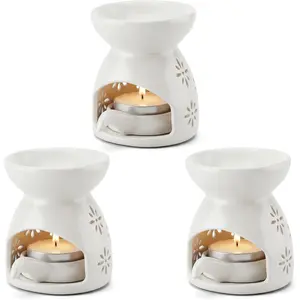 3 Pack Ceramic Tealight Candle Holder, Small Essential Oil Burner Wax Melt Warmer with Spoons, Aromatherapy Aroma Diffuser for Home Bedroom Decor, White
