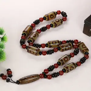 Men's Ethnic Tibetan Agate Necklace with Three-Eye & Nine-Eye Dzi Beads - Stylish Red, Black & Brown Beaded Pendant for Mens Fashion Accessories