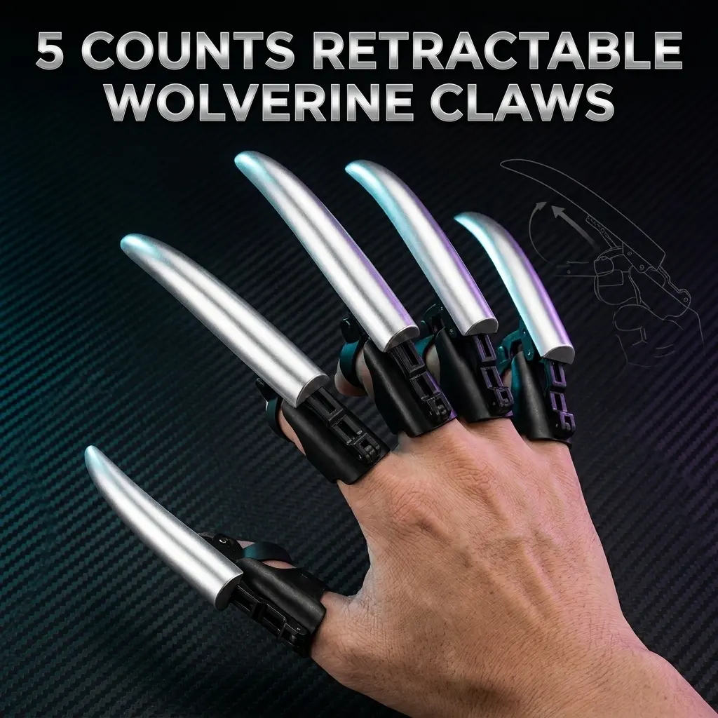 1 Set Mechanical Retractable Wolf Claw, 5-Claw Design Realistic 3D Halloween Prop. Claws Slide In and Out. Cosplay Glove for Party Decoration or Costume
