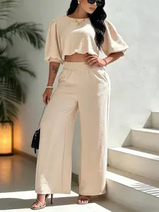 Women's Fashion Summer Set – Casual Lightweight Beige Elastic Waist Pants + Short Top, Instagram & TikTok Trend, Womenswear Trouser, Clothes