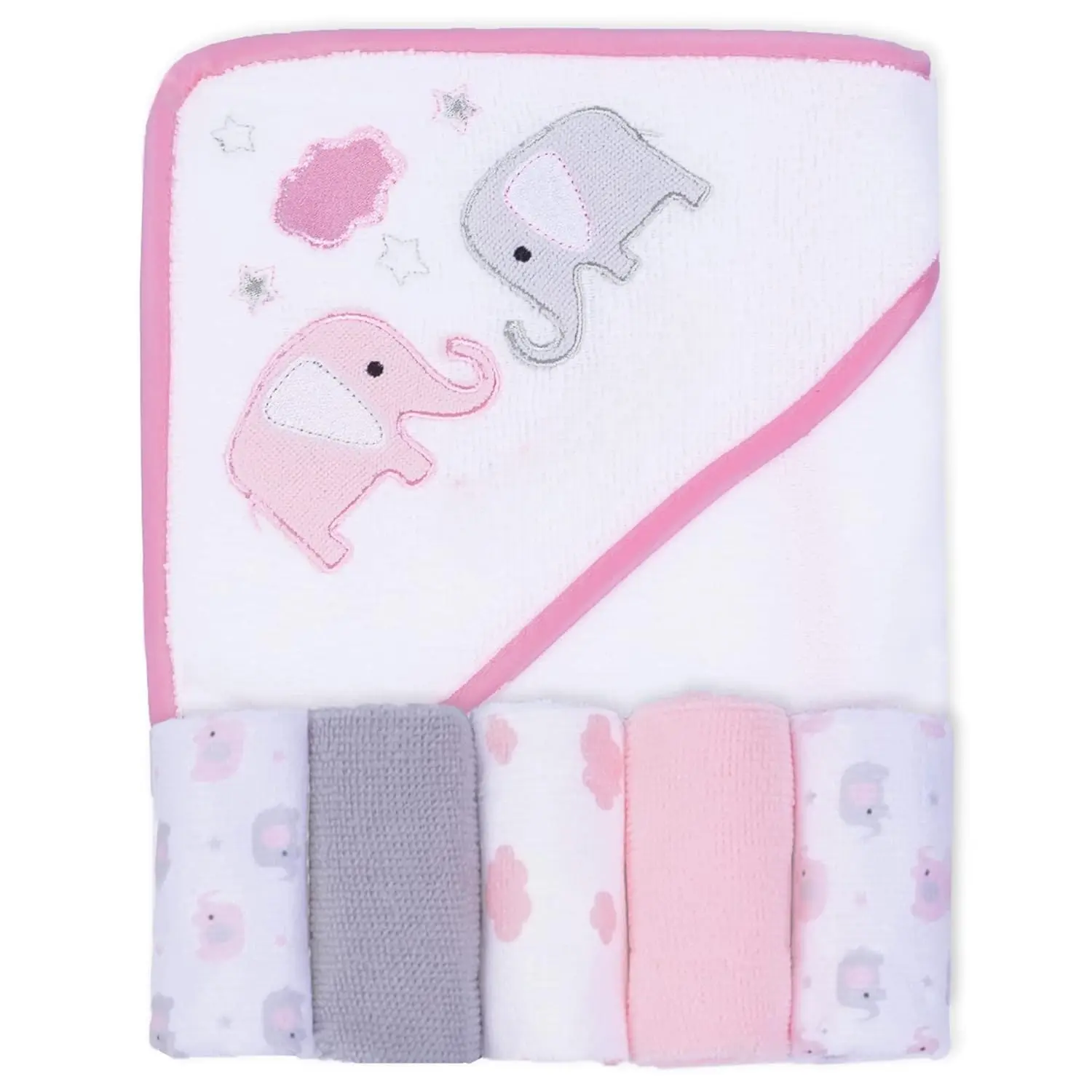 Baby Towels and Washcloths Set 6-Piece Elephant Pattern Hooded Soft Absorbent Pink Baby Bath Towel with 5 Washcloths for Newborn Toddler Bath Time