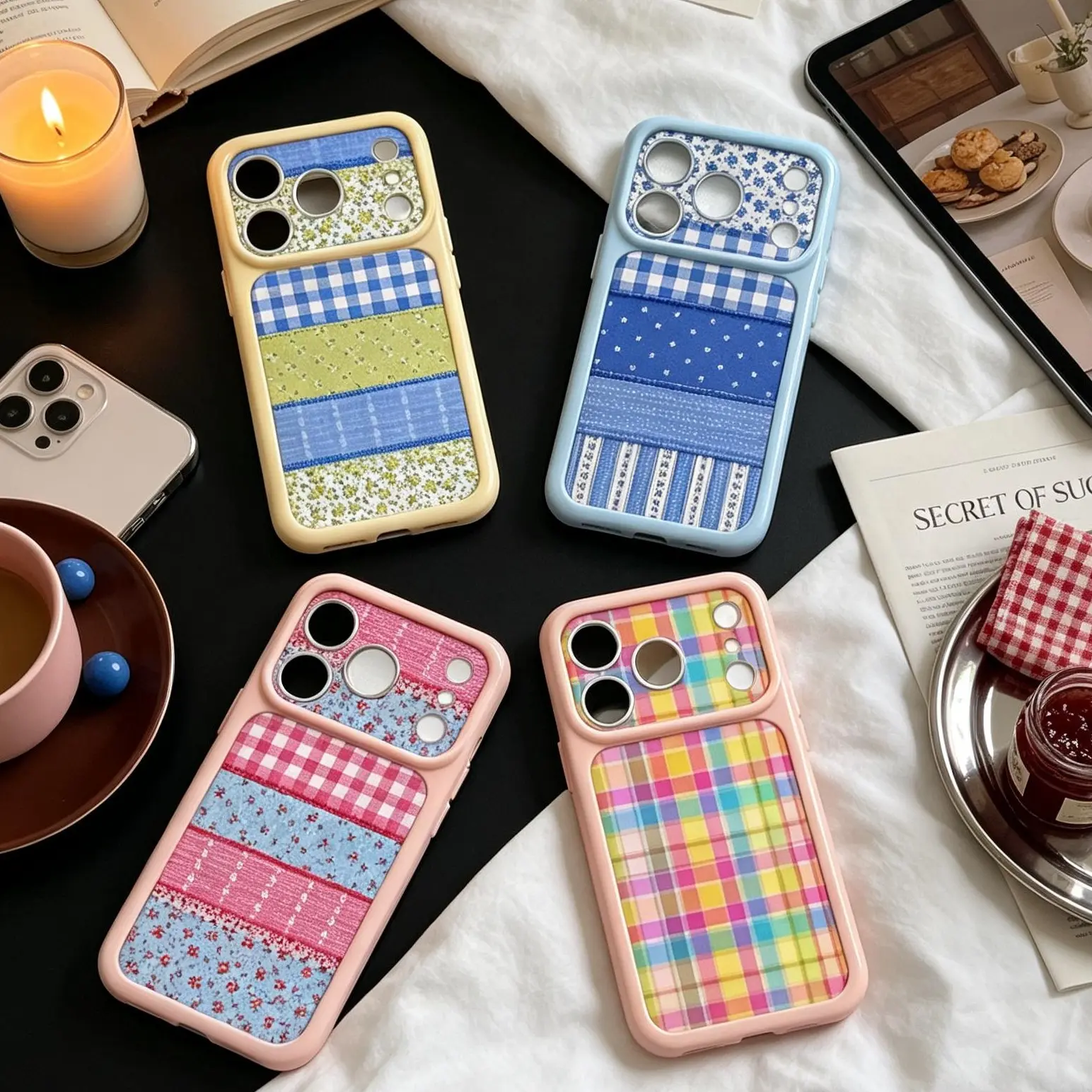 【For iPhone 18promax】Cute Patchwork Plaid Floral Starry Finish Phone Case for iPhone Series 12-18, Contrast Color, Large Camera Cutout, Soft TPU Edges, Hard Back, Shockproof Protective Cover, Non-Slip, Daily Casual Use Button Cover