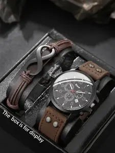 Men's Quartz Watch Set with Bracelet, Analog Display, Quartz Movement, Trendy Gift Set, Fashion Casual Style, Perfect Gift for Thanksgiving, Christmas, Halloween, Birthday