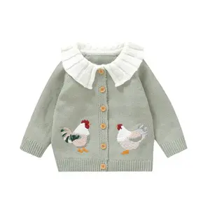 Toddler Baby Girl Knit Cardigan Doll Collar Long Sleeve Rooster Embroidery Button Down Sweater Infant Winter OutfitGift
