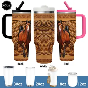 1pc 20oz/30oz/40oz Intricate Horse and Floral Pattern Tumbler with Lid, Insulated Travel Mug, Gift for Women Men, Ideal for Halloween, Independence Day, Memorial Birthday Gift, Coffee Cup, weird stuff