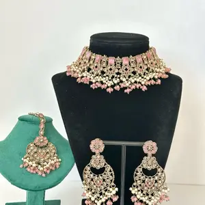 Naina Heavy Polki Necklace Set with Earring and Tikka Featuring Pearl Accents for Traditional Wear Elegant Lightweight Choice