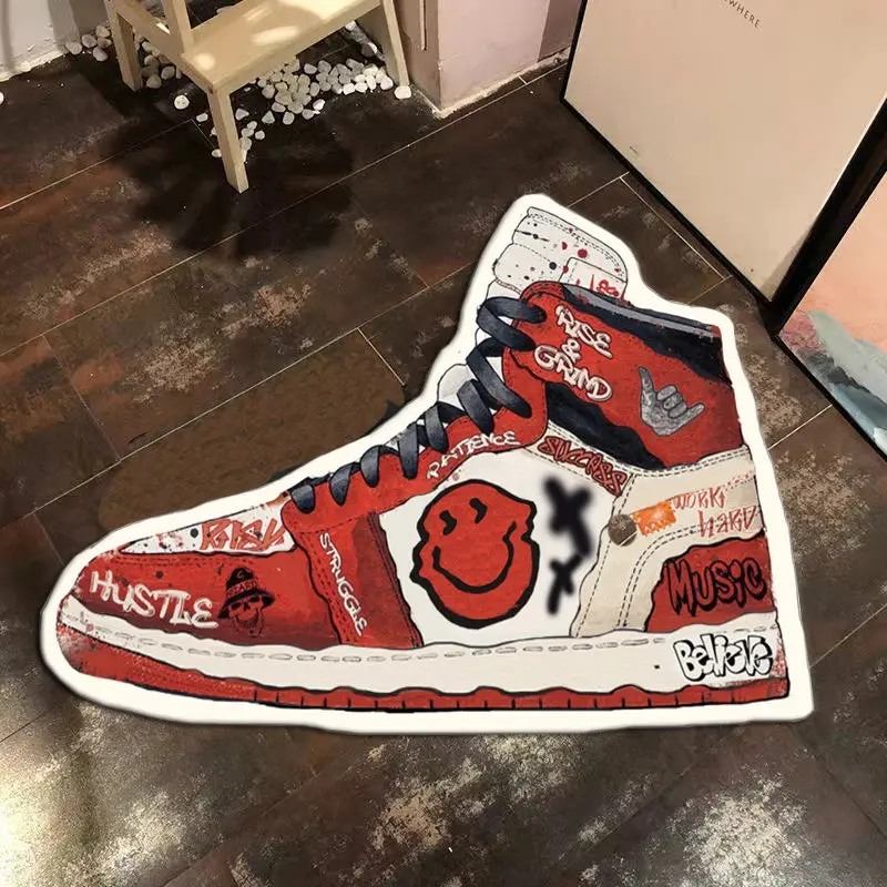 Sneaker Motif 100% Acrylic Flannel Area Rug - Non-Slip Streetwear Look Indoor Mat for Living/Bedroom, Machine Washable, Available in Multiple Sizes