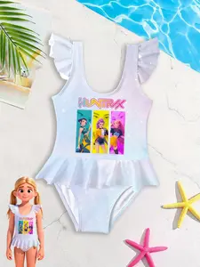 HUNTRX Witch Huntress Group Print Cloud Tie-Dye Gradient Girls' One-Piece Swimsuit with Flutter Sleeves, Ruffles and Star Decorations, Suitable for Summer Swimming Pools/Seaside Vacations, Cute Princess Style Children's Swimwear