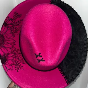 Hand Burned Hat with Leather Accent One of a Kind Size L/XL 24" Pink Floral Design Black Trim