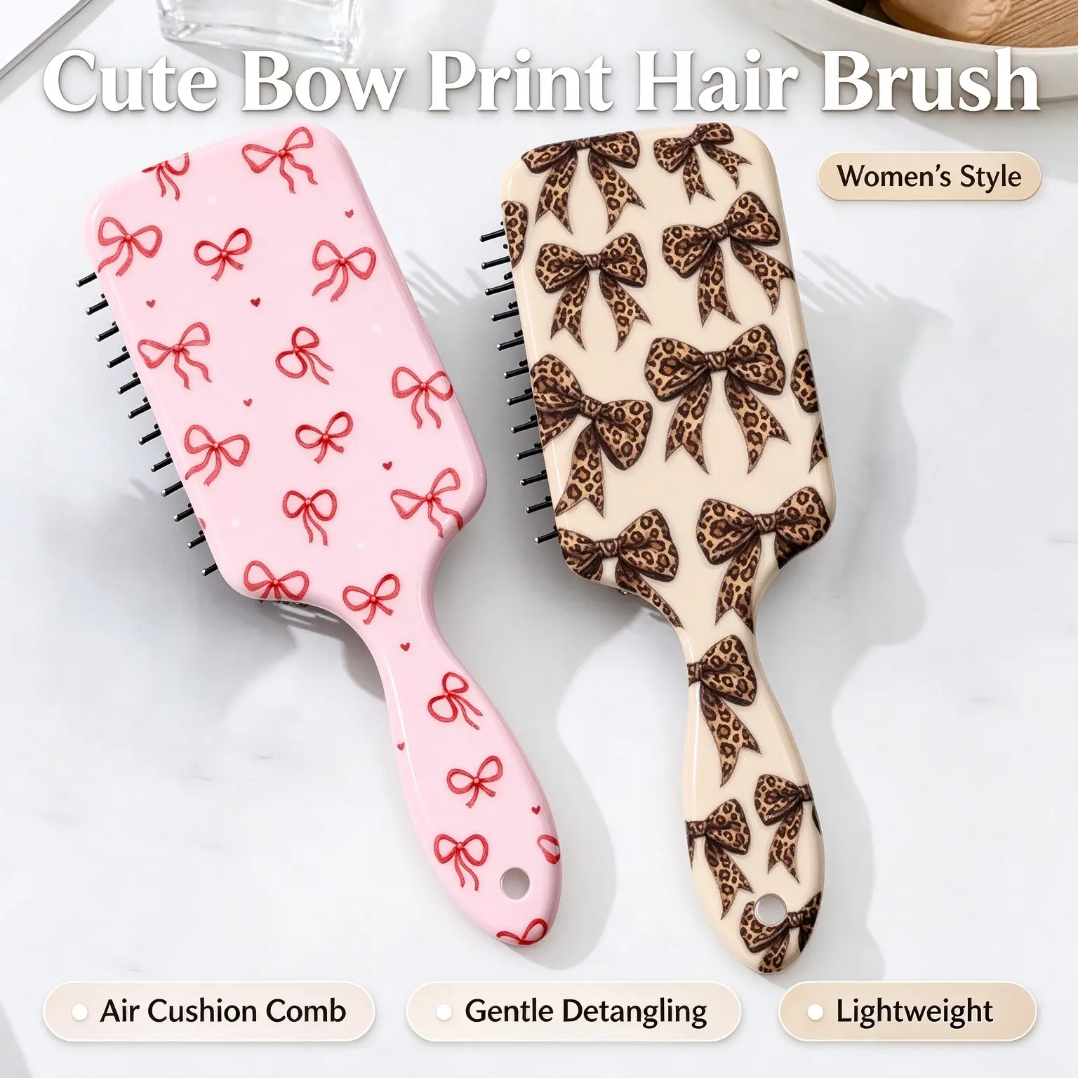 Cute Bow Print Air Cushion Hair Brush - Gentle Detangling Paddle Comb, Lightweight Scalp Massage Hairbrush for Women Girls Daily Travel Use
