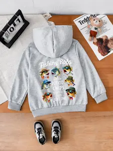 Boys' Hooded Sweatshirt with Anime Fishing Print, Comfortable Casual Wear, Polyester Fabric, Perfect for Ages 3+